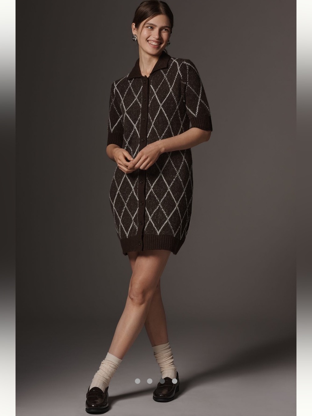 Anthropologie Rhinestone Brown Argyle Sweater Shift Dress NWT